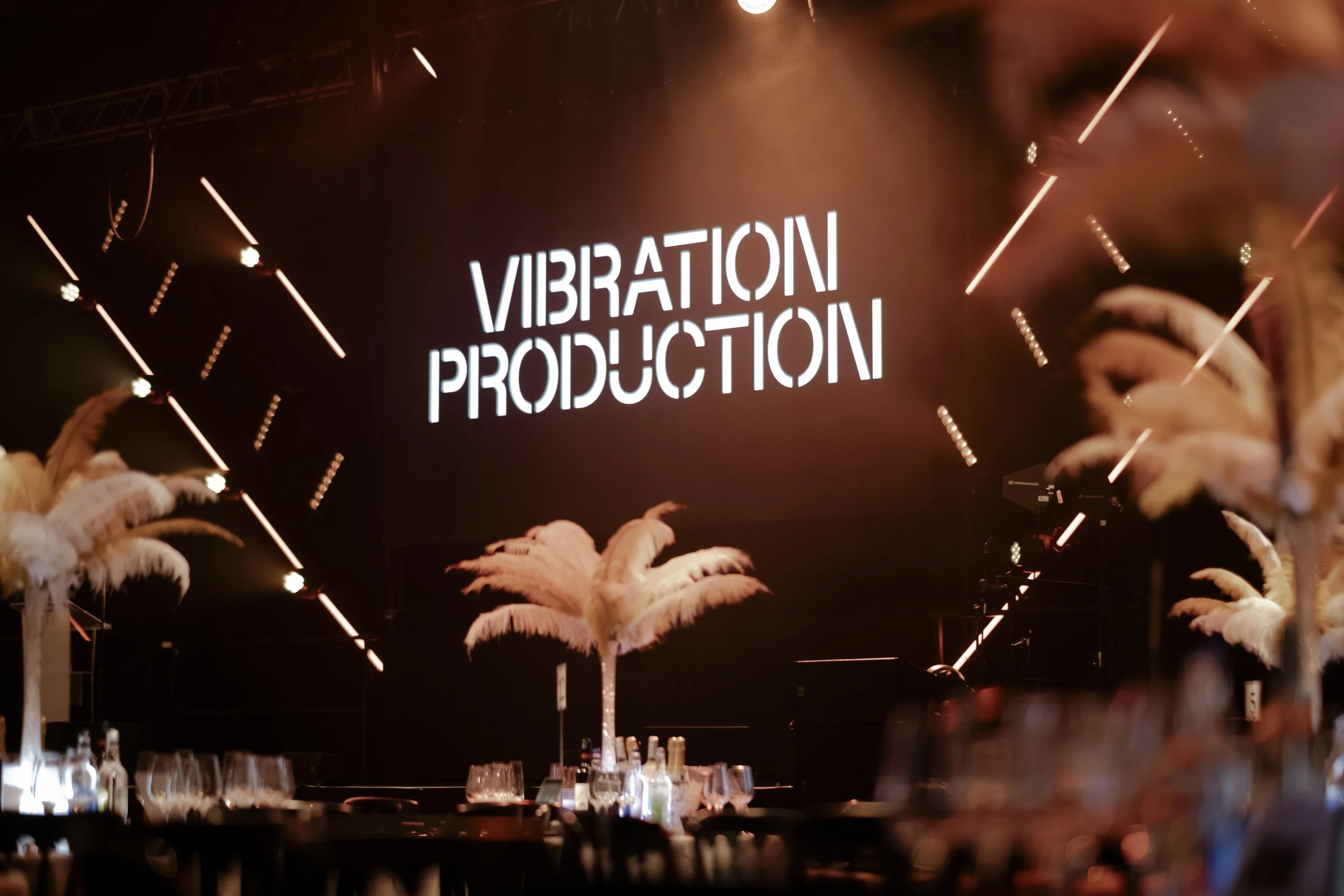 Stage with large illuminated sign that reads "VIBRATION PRODUCTION" surrounded by stage lights and decorative feathers.
