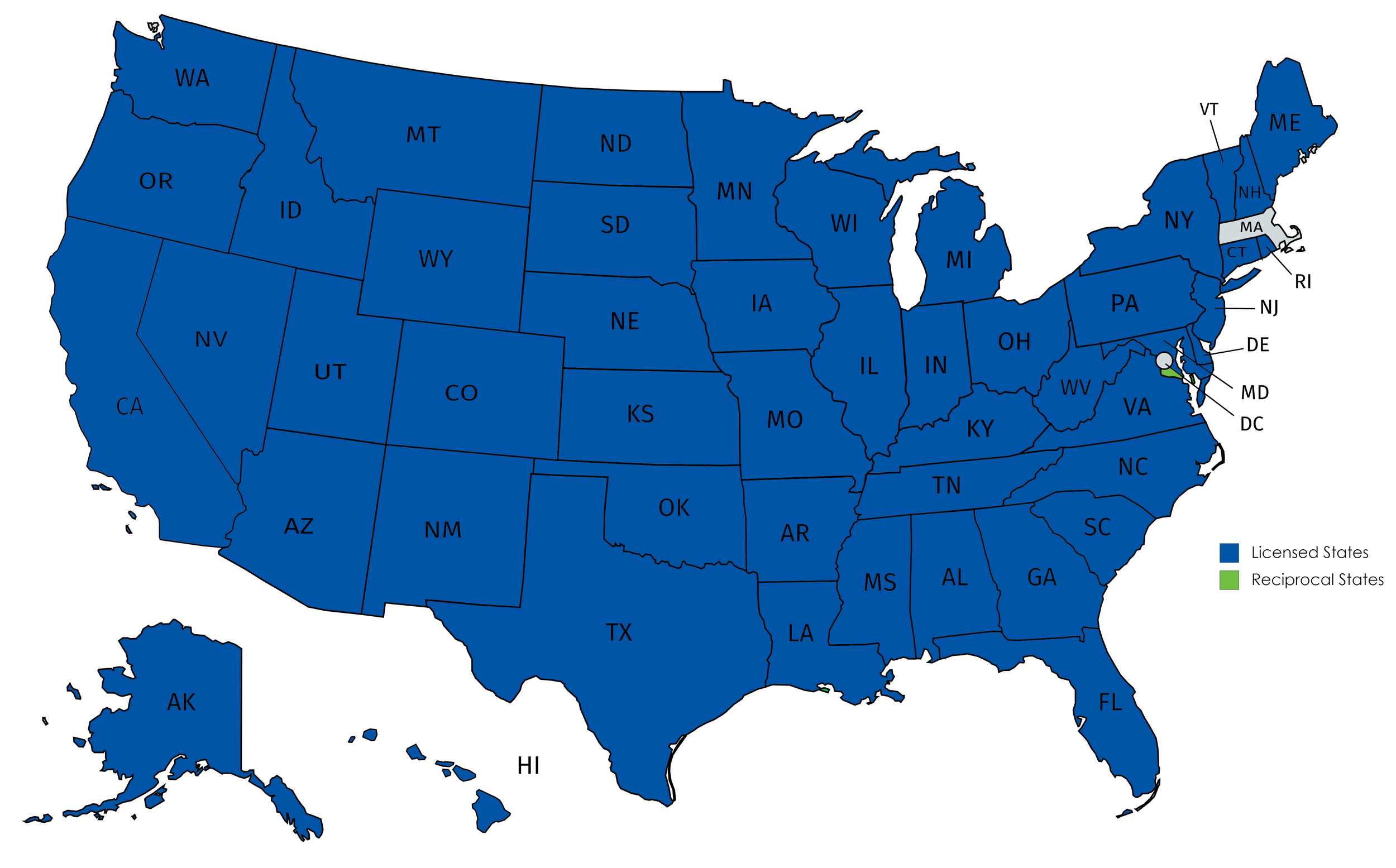 Map of the United States with states colored blue to indicate licensed states and green for reciprocal states, displaying state abbreviations.