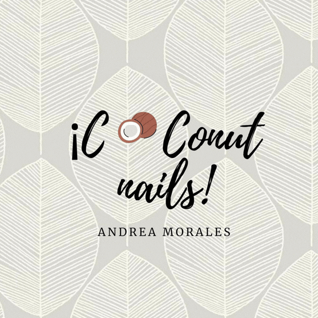 Portada de libro con fondo de hojas en tonos beige, título '¡Coco uñas de coco!', con ilustración de un trozo de coco, y el nombre de la autora Andrea Morales.