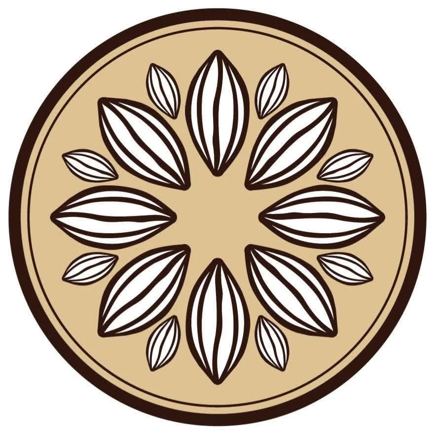 Ilustración de un símbolo circular con diseño de hojas estilizadas en tonos beige y marrón.