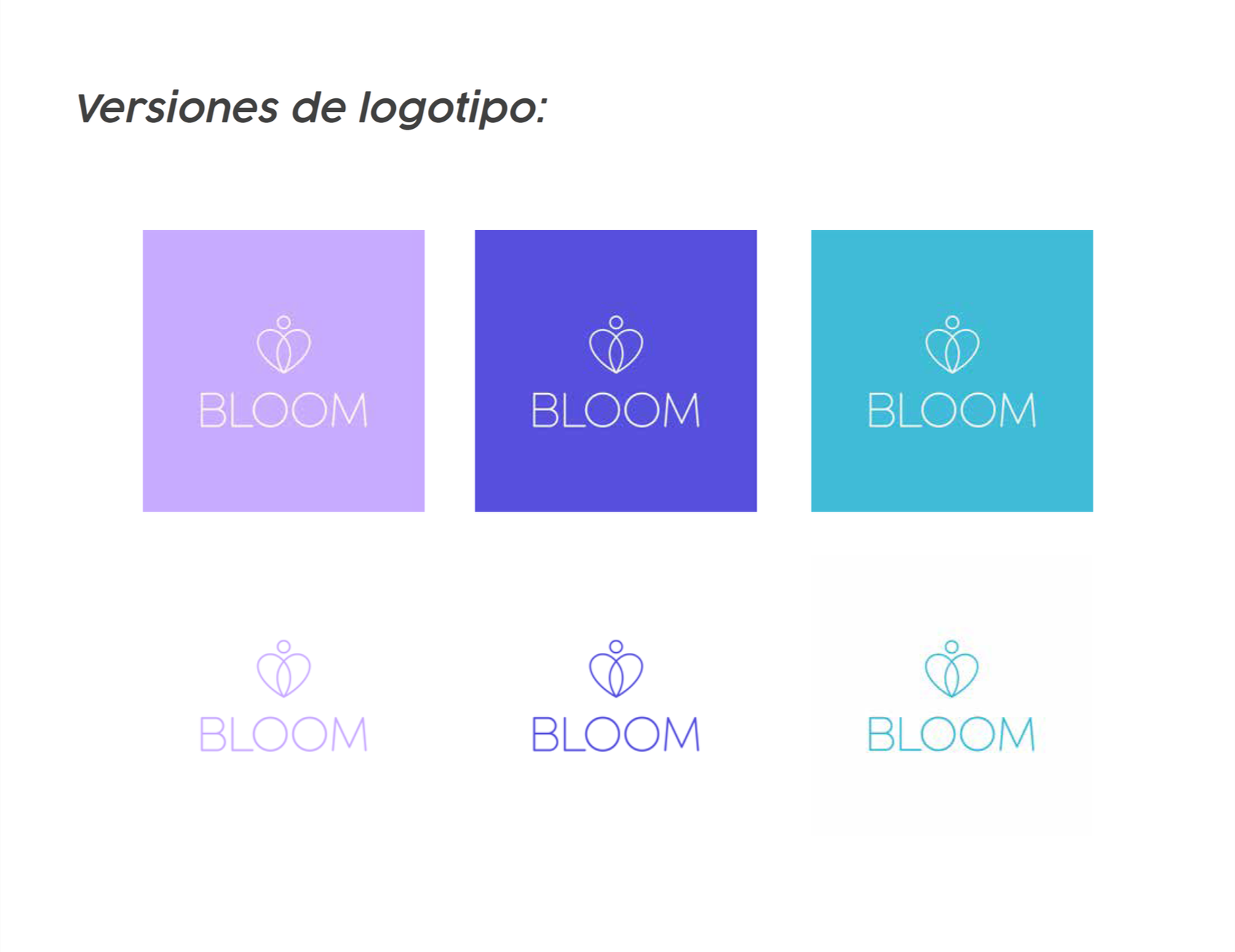 Variaciones de logotipo de Bloom en diferentes colores: lila, azul y aqua, con un símbolo de flor y la palabra 'BLOOM' debajo.