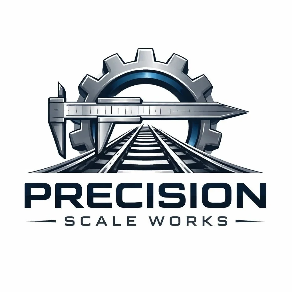 A logo featuring a large gear with a ruler and a railroad track extending through it, with the text 'PRECISION SCALE WORKS' below.