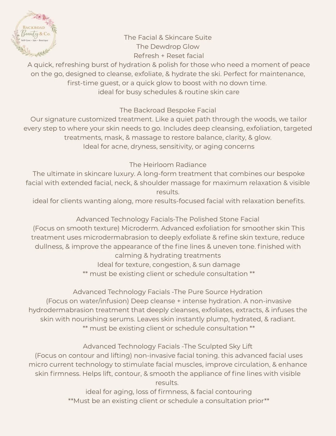 A detailed description of skincare and facial treatment services from Backroad Beauty & Co, including the Backroad Glow, Bespoke Facial, Heirloom Radiance, Polished Stone Facial, Pure Source Hydration, and Sculpted Sky Lift treatments.