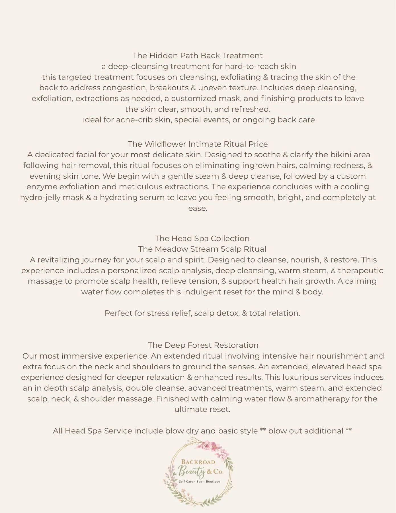 A spa menu with descriptions of various treatments including The Hidden Path Back Treatment, The Wildflower Intimate Ritual, The Head Spa Collection, The Meadow Stream Scalp Ritual, and The Deep Forest Restoration, with a floral logo at the bottom.