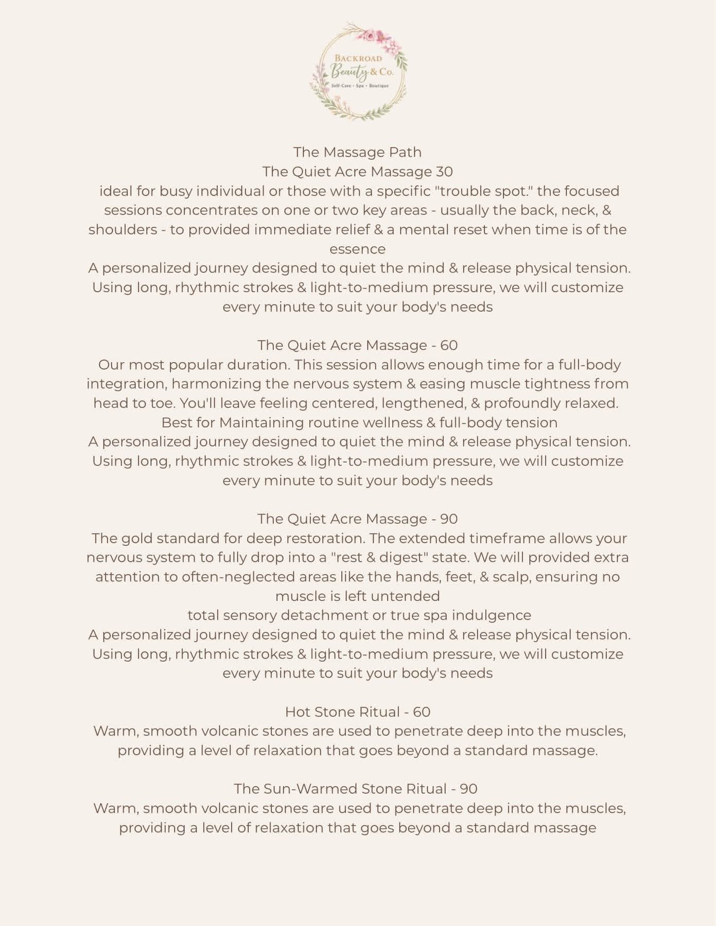 Spa menu offering various massage treatments, including The Massage Path, The Quiet Acre Massage in three durations, Hot Stone Ritual, and Sun-Warmed Stone Ritual, with descriptions and prices.