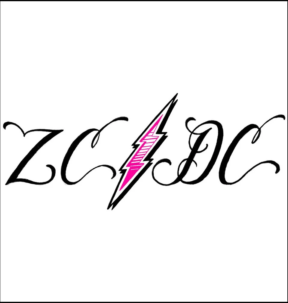 Stylized script letters 'ZCDC' with a pink and black lightning bolt in the center.
