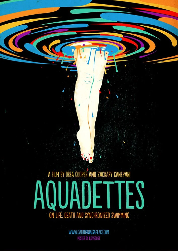 Poster for the film 'Aquadettes' featuring a human leg with colorful dripping paint, melting into a black background with colorful swirl patterns at the top.