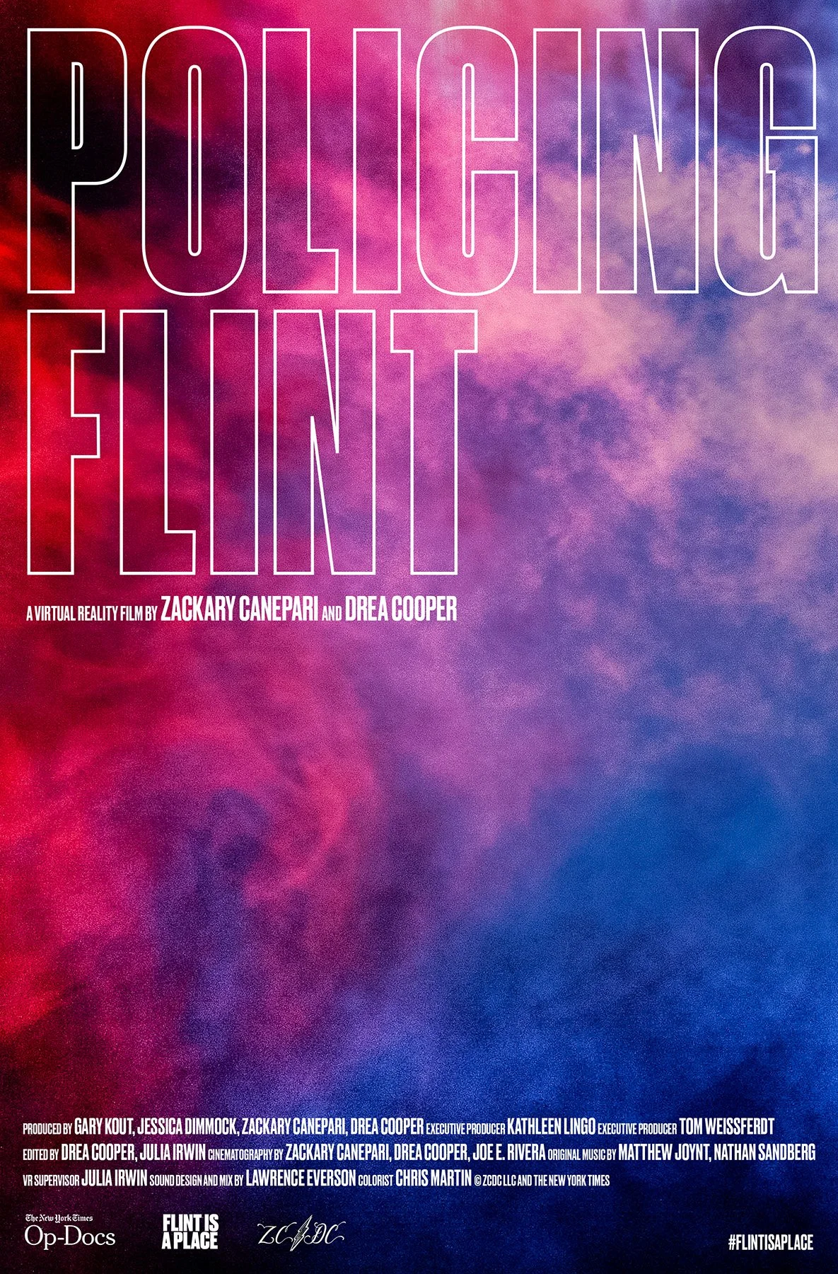 Poster for 'Policing Flint,' a virtual reality film, with a colorful smoke background and text overlay.