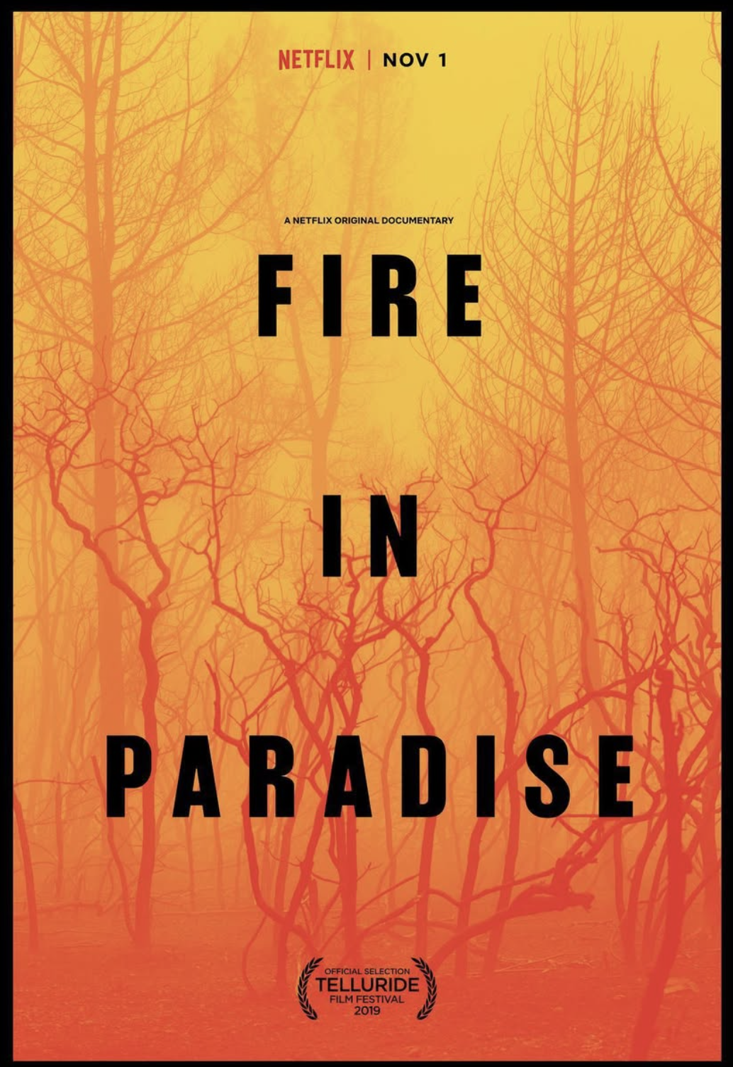 Promotional poster for the Netflix documentary 'Fire in Paradise' showing a forest of leafless trees with orange and yellow background, and text indicating Netflix release date November 1 and film festival recognition in 2019.