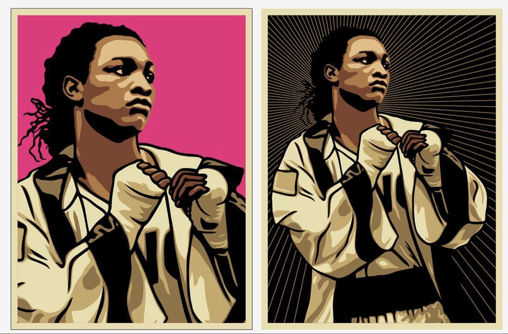 Digital artwork of Claressa Shields with dreadlocks, wearing a beige jacket and fists raised, with contrasting backgrounds of pink on the left and black with radiating lines on the right.