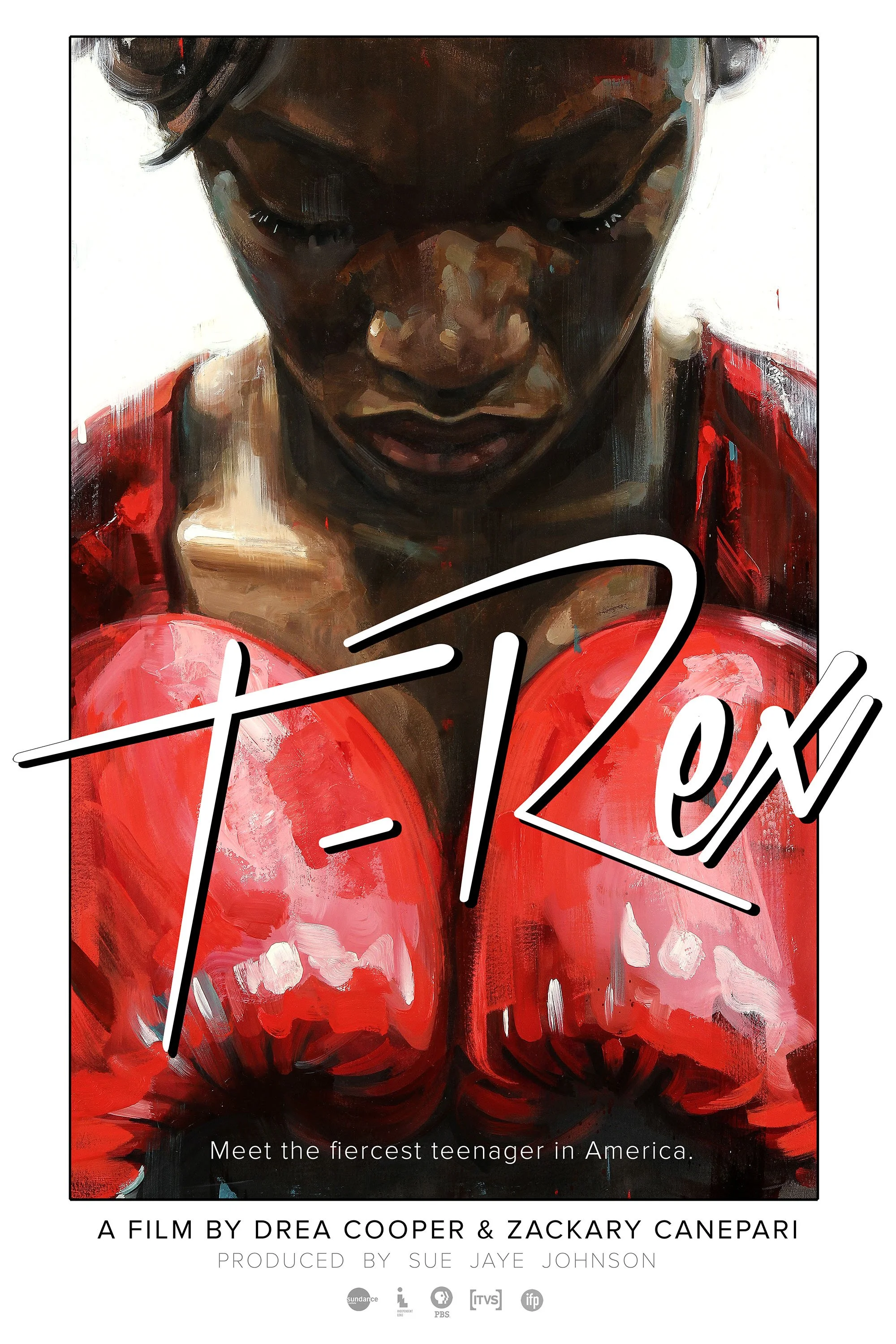 Conceptual poster for the film "T-Rex" about Claressa Shields. Text on the poster reads "T-Rex" in large stylized font and "Meet the fiercest teenager in America" in smaller font at the bottom.