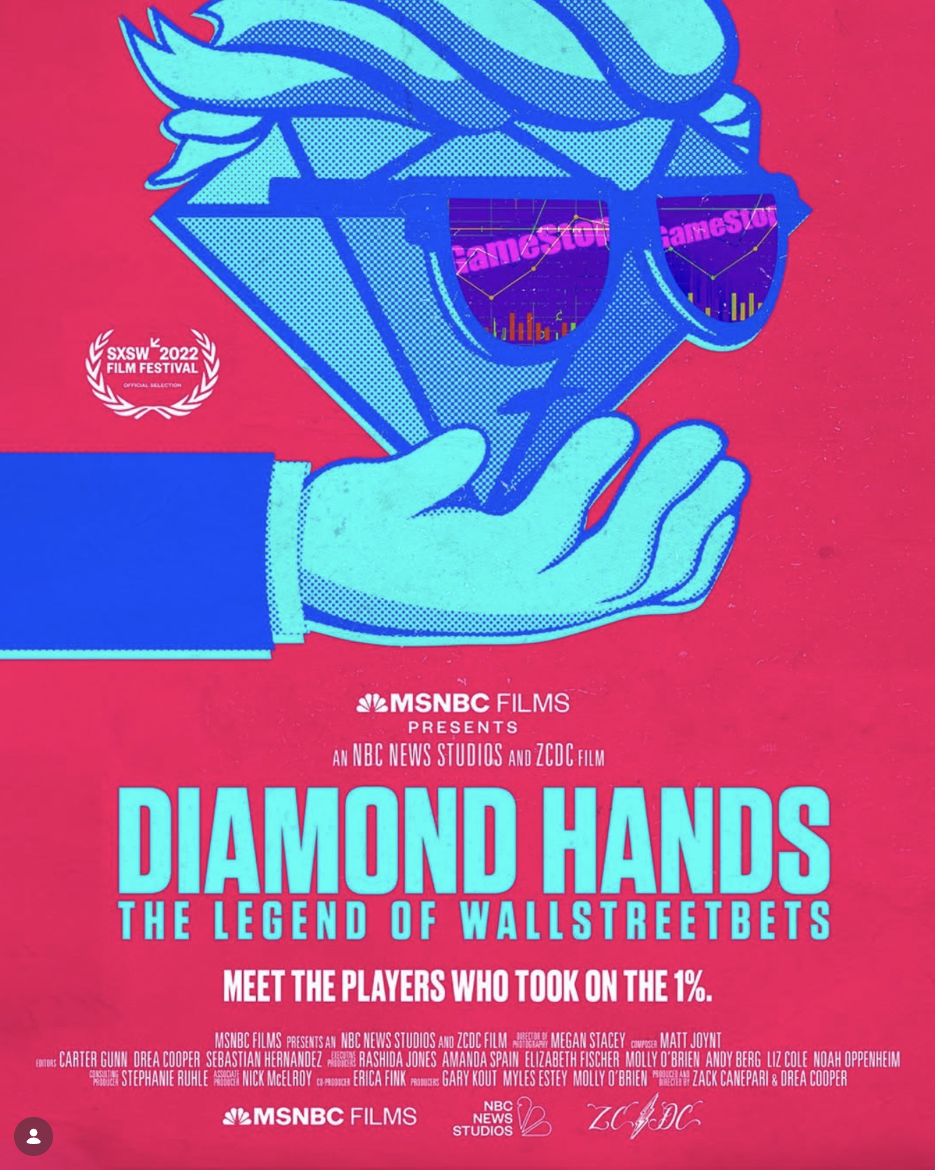 A digital illustration of a hand holding a diamond-shaped object with sunglasses. The sunglasses reflect bar and line graphs with the word "GameStop." The background is pink with text about the film "Diamond Hands: The Legend of WallStreetBets," incl
