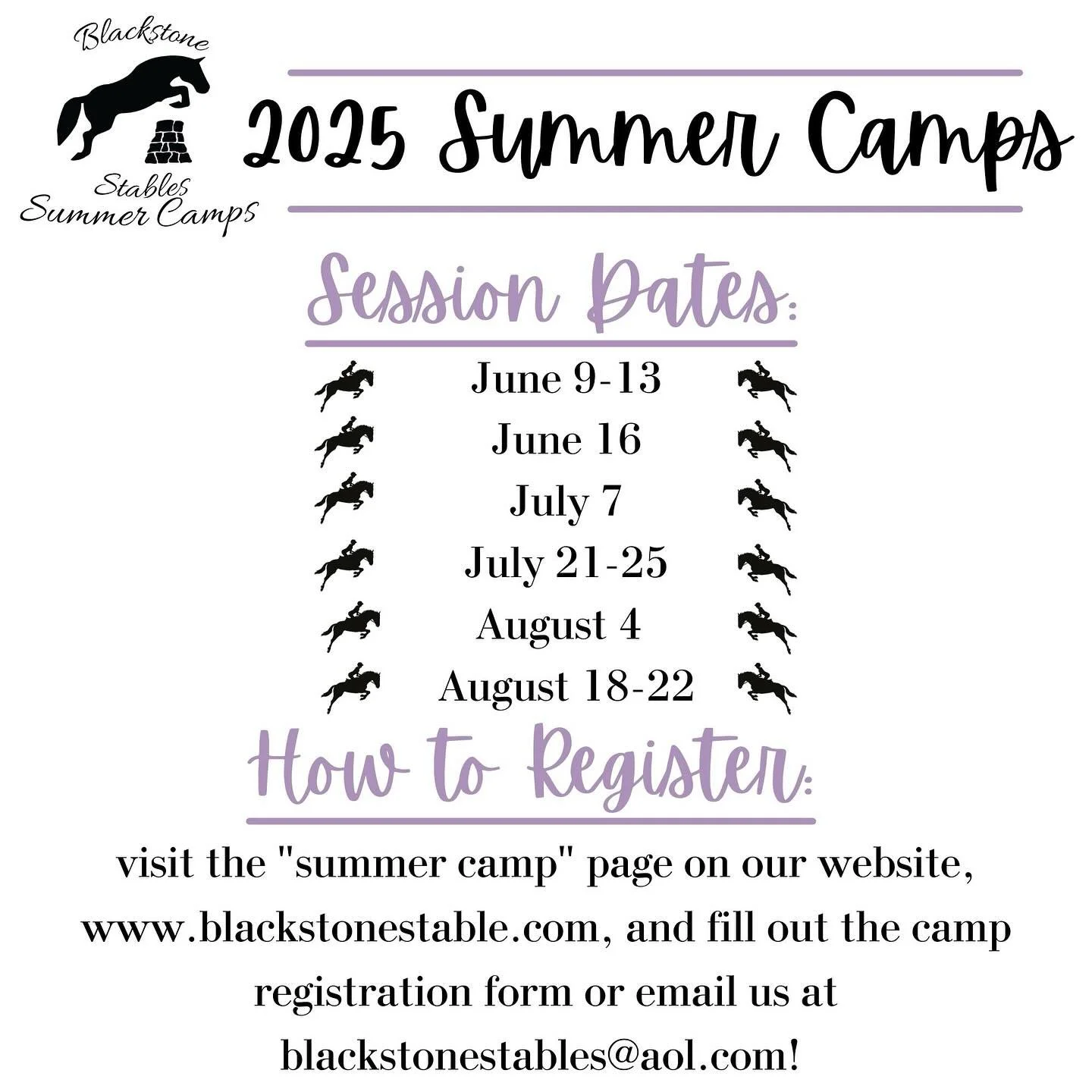 It&rsquo;s that time of year again, camp registration time! This year we are offering 3 week-long camps and 3 day camps throughout the summer. We look forward to seeing all our new and returning campers for another summer full of fun!!🐴🐎☀️