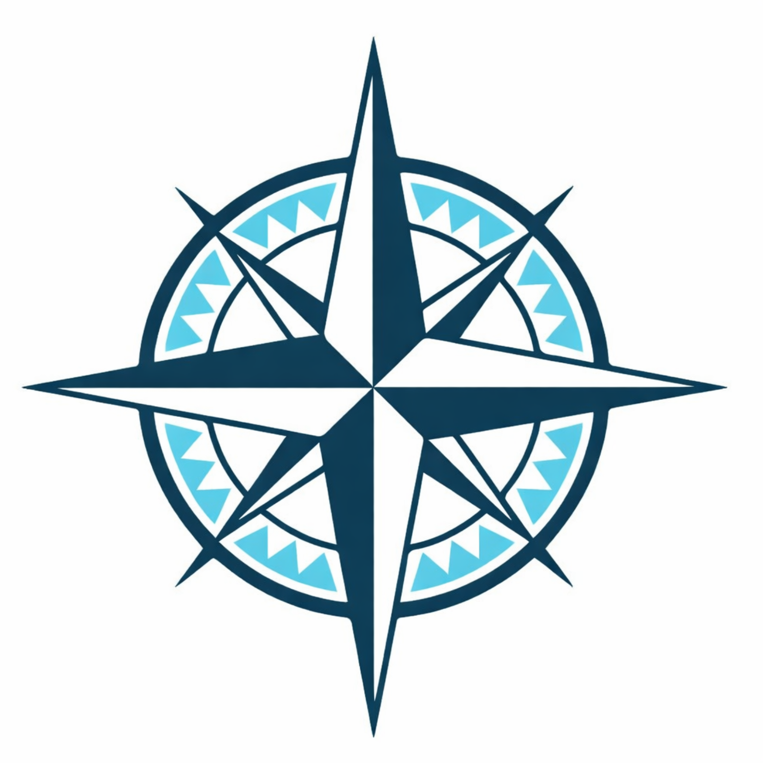 A stylized compass rose with dark blue and light blue accents, featuring four main points and decorative triangular patterns on the inner circle.