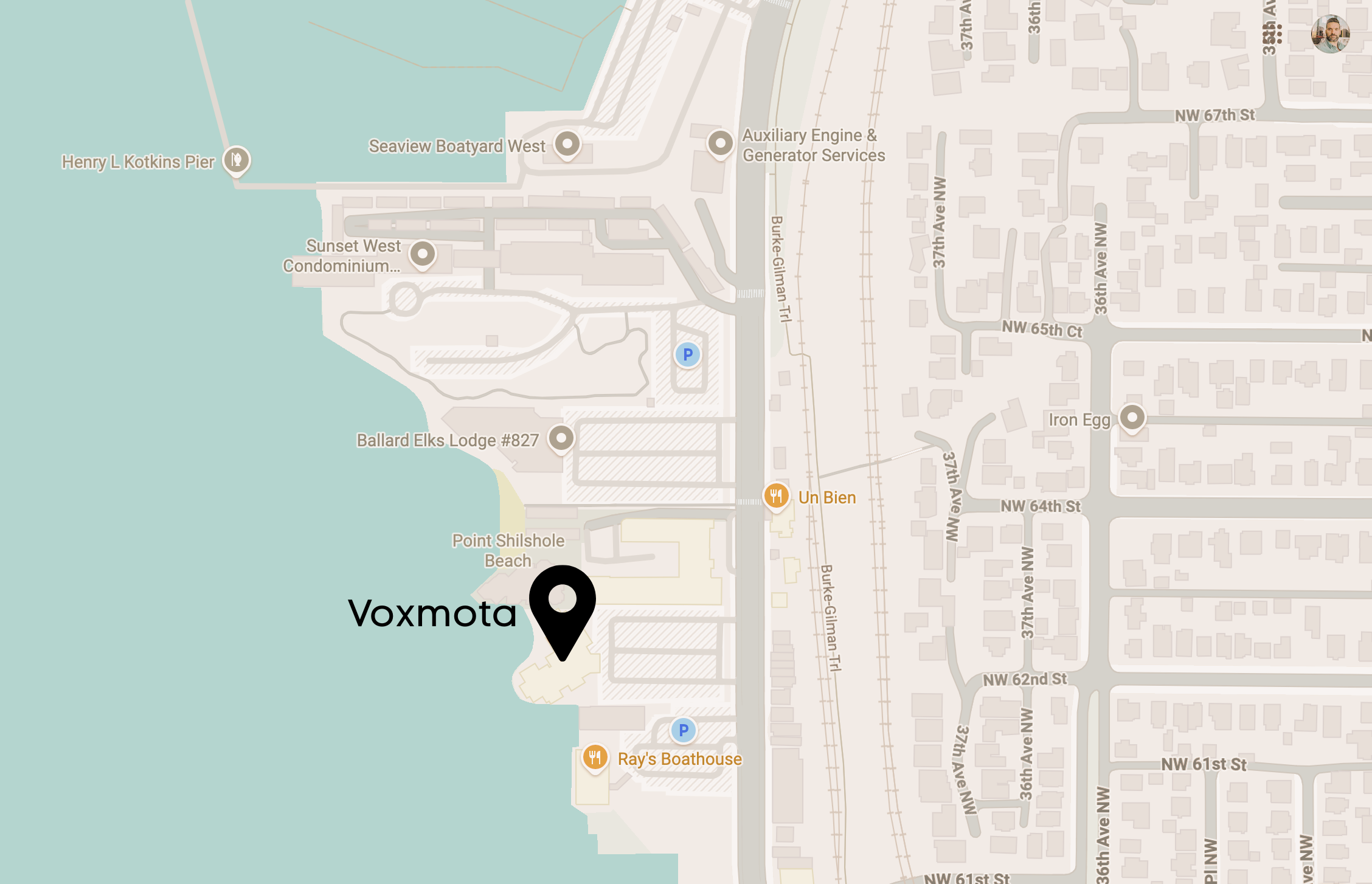 Map showing Voxmota near Point Shilshole Beach, with nearby locations including Ray's Boathouse, Sunset West Condominium, Ballard Elks Lodge, and Seaview Boat Yard, in a coastal area with streets and landmarks.