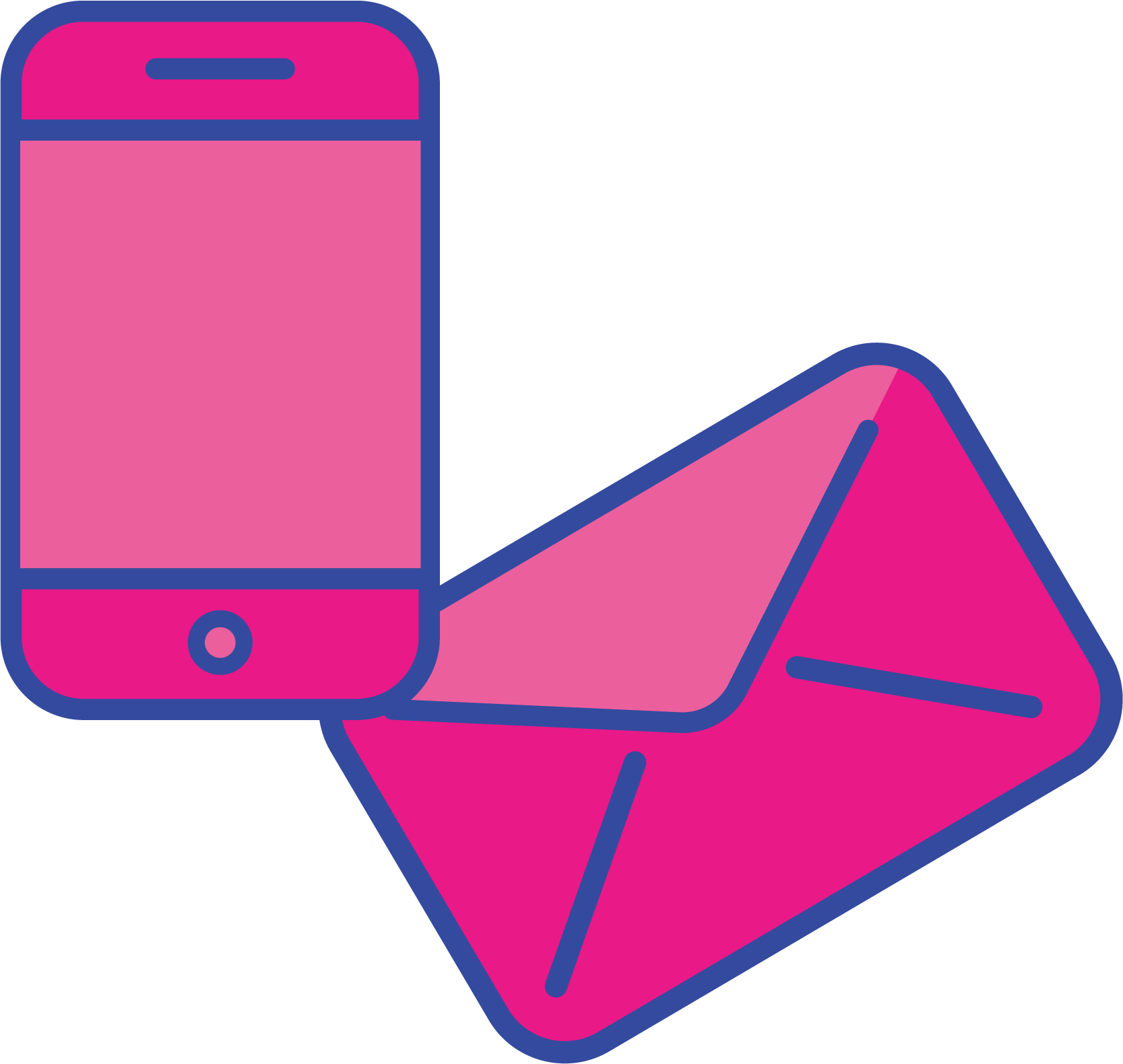 Illustration of a pink smartphone and two pink envelopes with blue outlines.