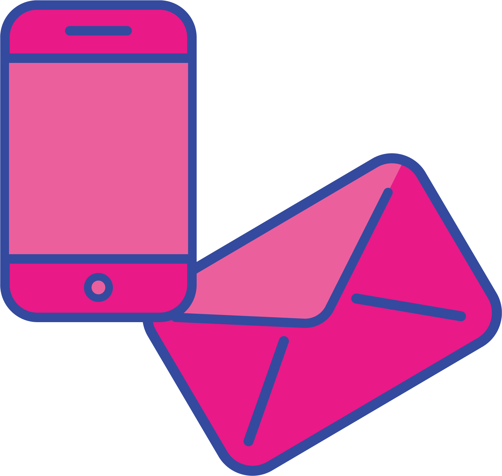 A pink mobile phone and two pink envelopes with blue outlines.