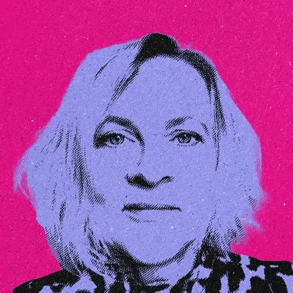 A stylised image of Kerry Brown in lilac and pink off-set print