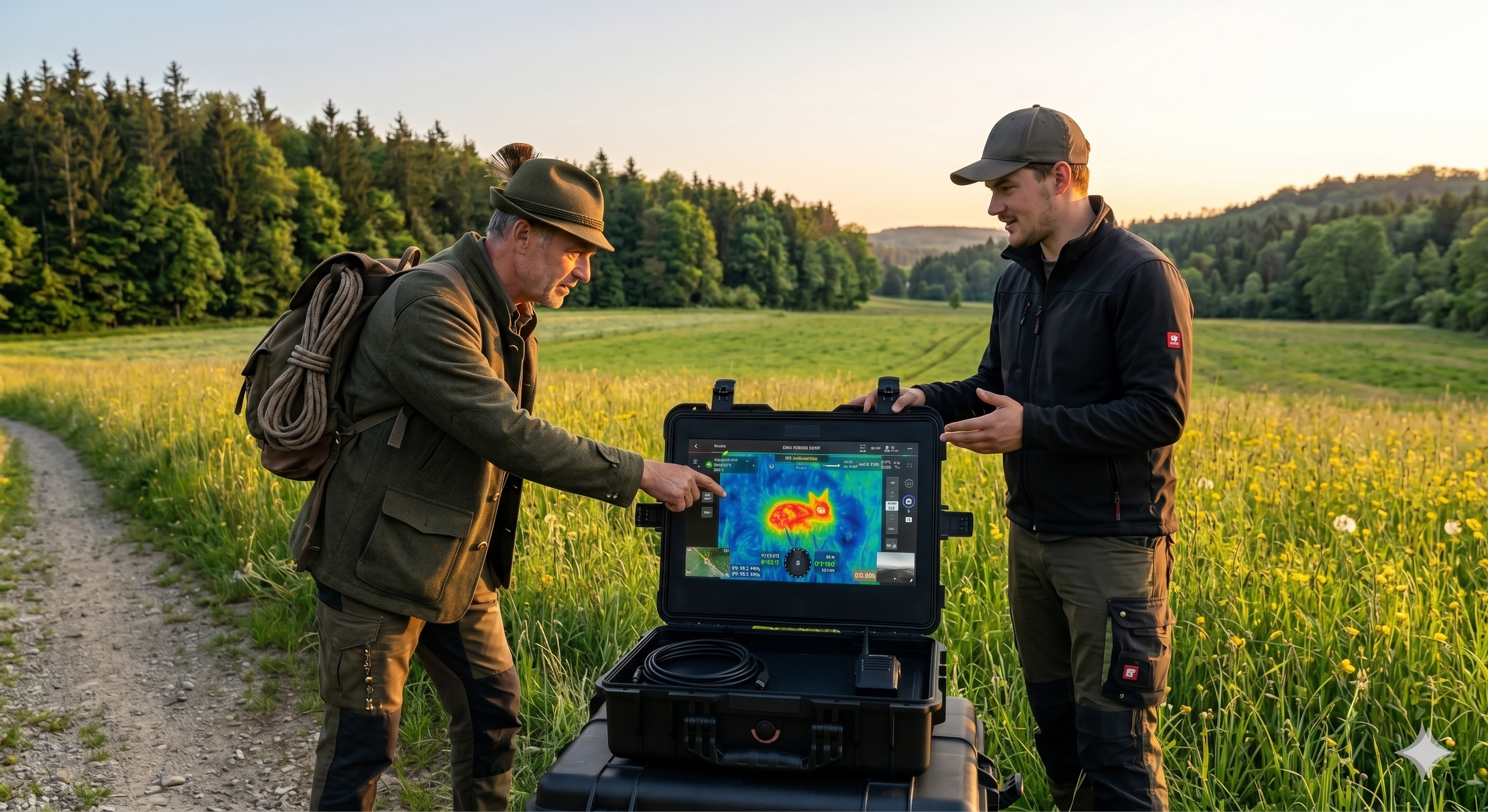 Zwei Männer betrachten eine Wärmebildkamera in einem Feld mit Bäumen im Hintergrund bei Sonnenuntergang.