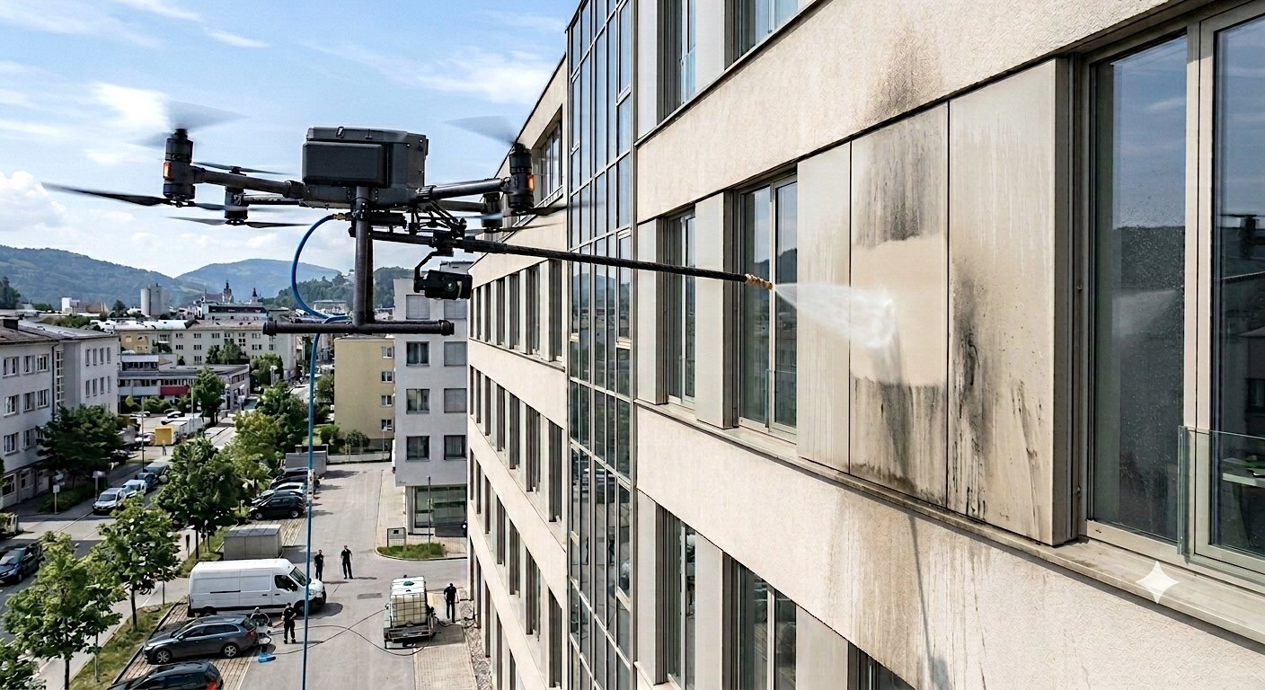 Drohne, die an der Außenseite eines modernen Gebäudes mit mehreren Fenstern Wasser auf die Fassade sprüht.