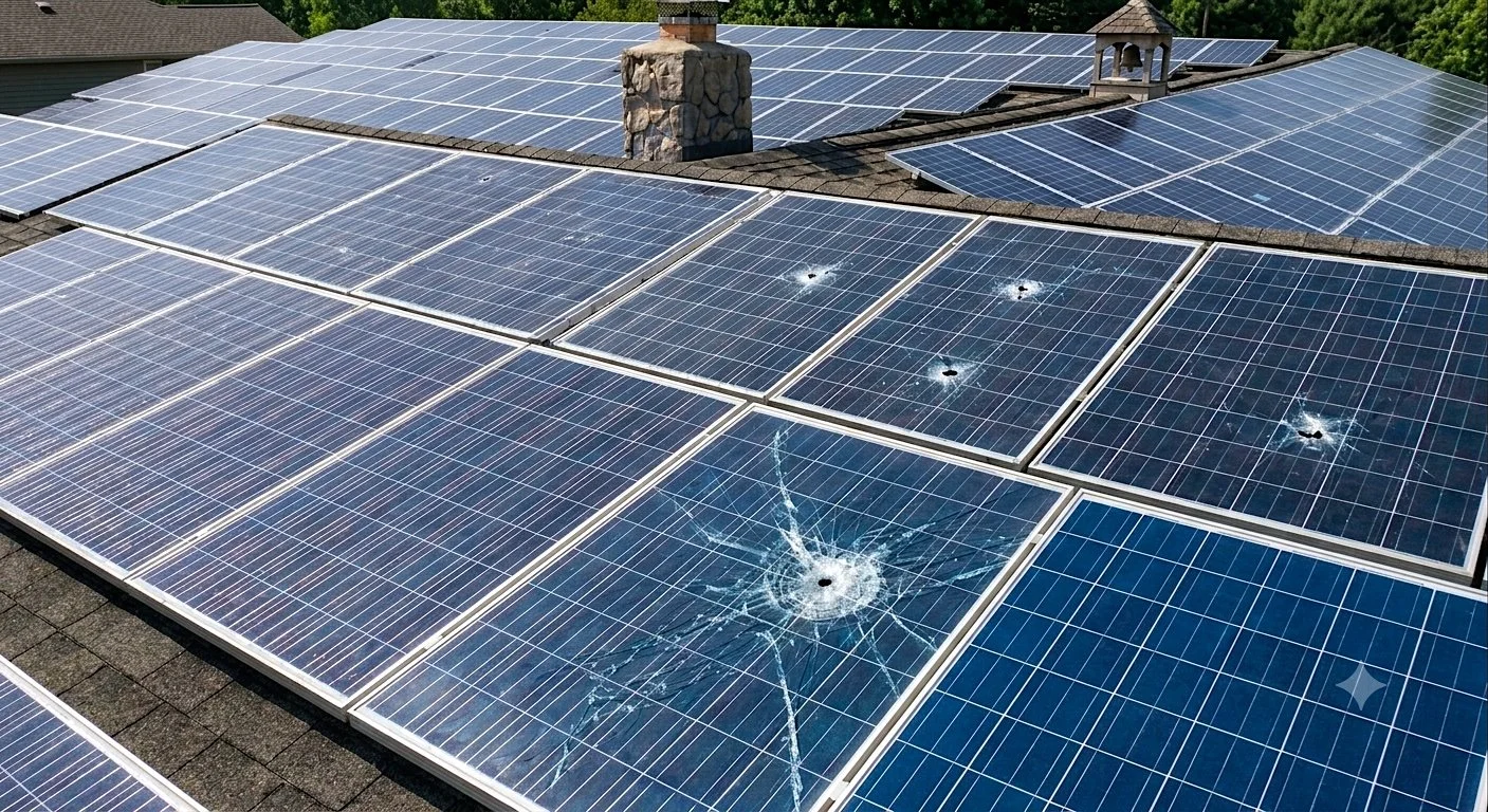 Das Dach ist mit Solarmodulen versehen, einige davon sind zerbrochen, mit Sicherheitsglas, das in der Mitte einen großen Einschlag zeigt.