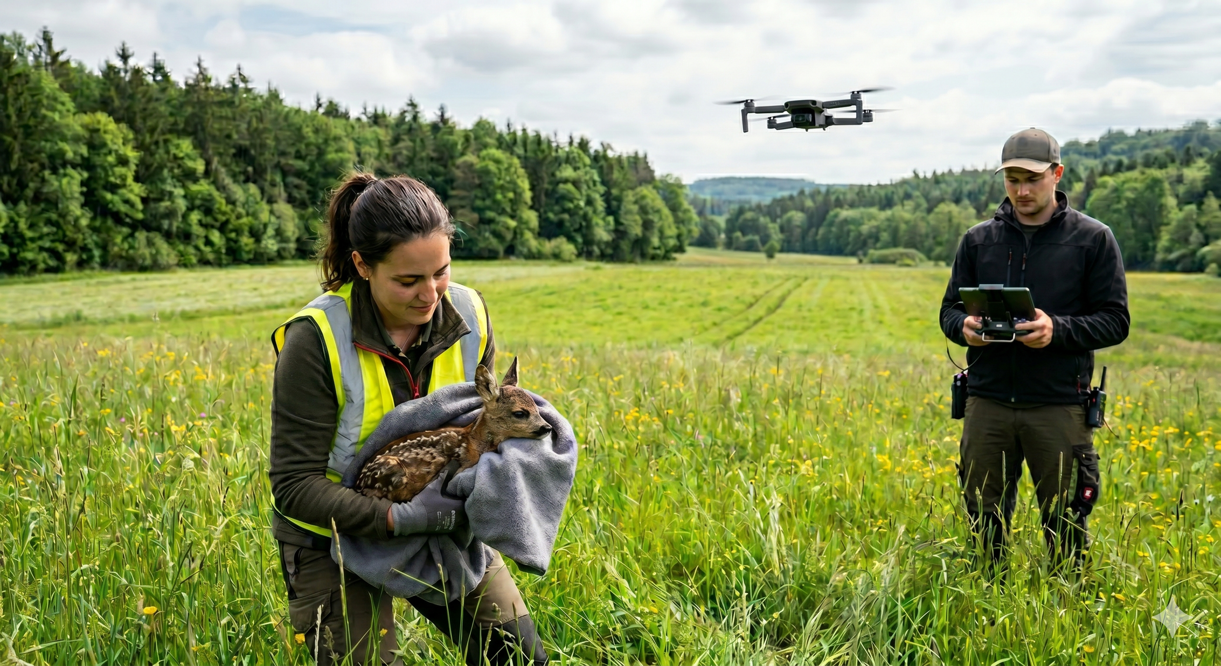 Zwei Wissenschaftler in einem Feld mit Wildtieren, eine hält ein kleines Tier, möglicherweise ein Ducker, während die andere einen Drohnencontroller benutzt.