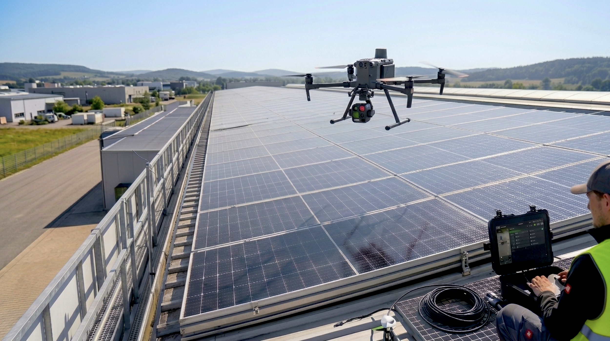 Drohne fliegt über Solaranlage auf einem Dach, während eine Person mit Überwachungsausrüstung die Installation kontrolliert.