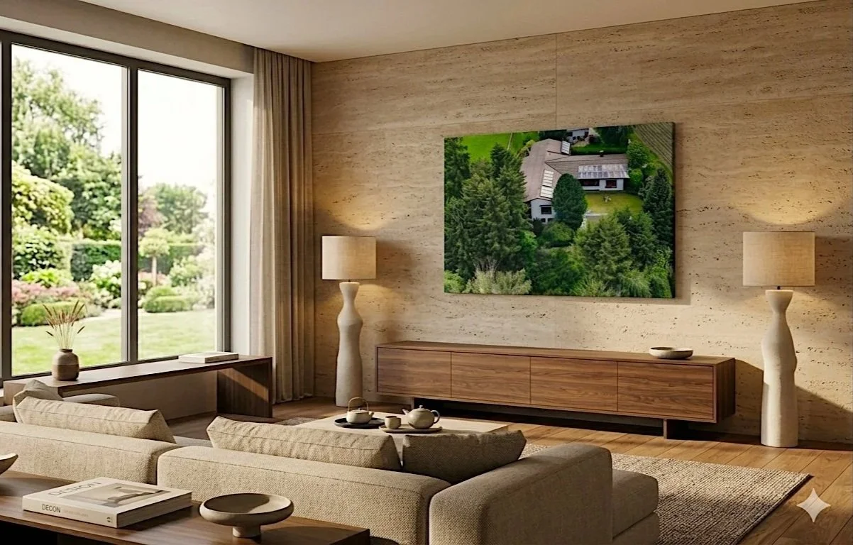 Ein Wohnzimmer mit großen Fenstern und einer Luftaufnahme von einem Haus in Form eines Leinenprints.