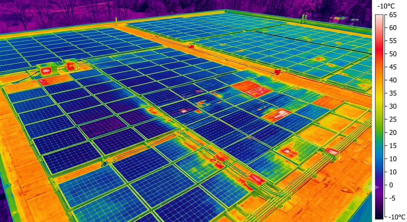 Thermografische Aufnahme einer Solaranlage mit vielen Solarmodulen, Farbskala zeigt Temperaturunterschiede, hauptsächlich blau und grün, wenige rote Stellen