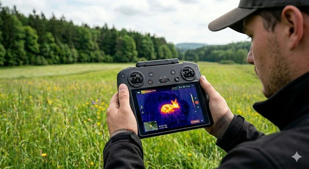 Mann mit Kamera auf einer Wiese, die Kamera zeigt ein thermisches Bild eines kleinen Tieres im Gras.