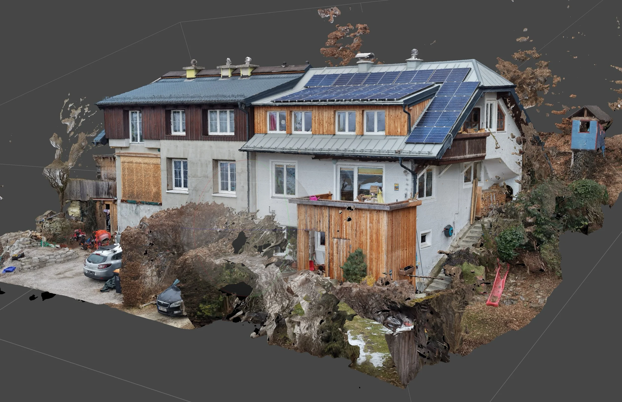 3D-Darstellung eines Hauses mit Solarpanelen auf dem Dach, umgeben von Erde und Bäumen, mit einem Spielplatz im Hintergrund.