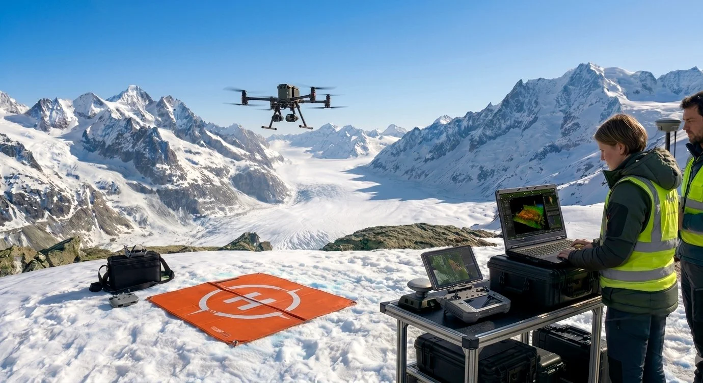 Drohnenpiloten im Winter in den Bergen mit technischen Geräten auf einem Tisch.