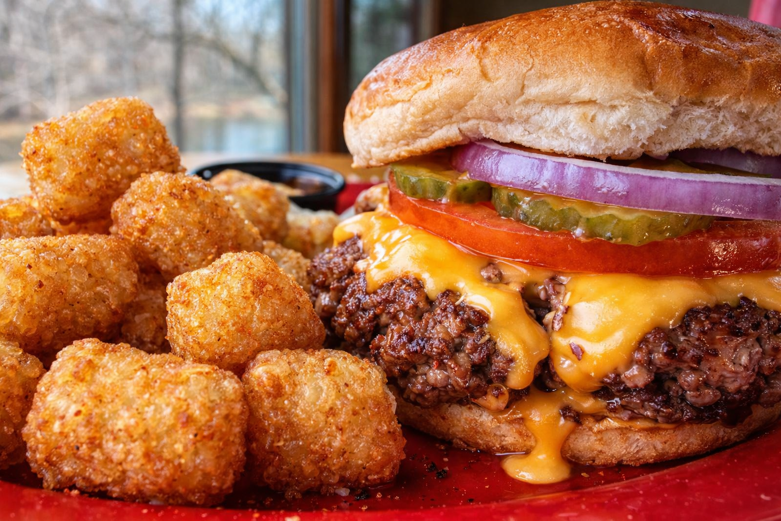 Close-up of a cheeseburger with pickles, tomato, onion, and lettuce on a bun, served with fried tater tots on a red plate.
