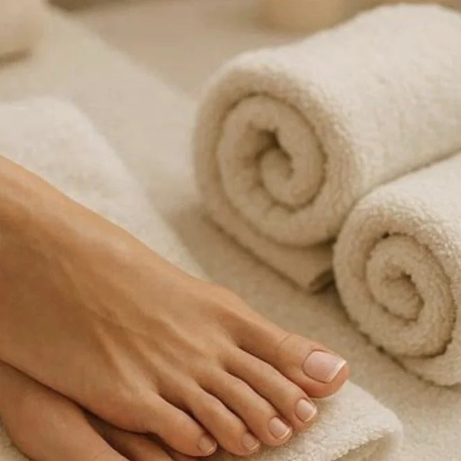 Foot resting on a rolled white towel with additional rolled towels in the background, all on a spa-like surface.