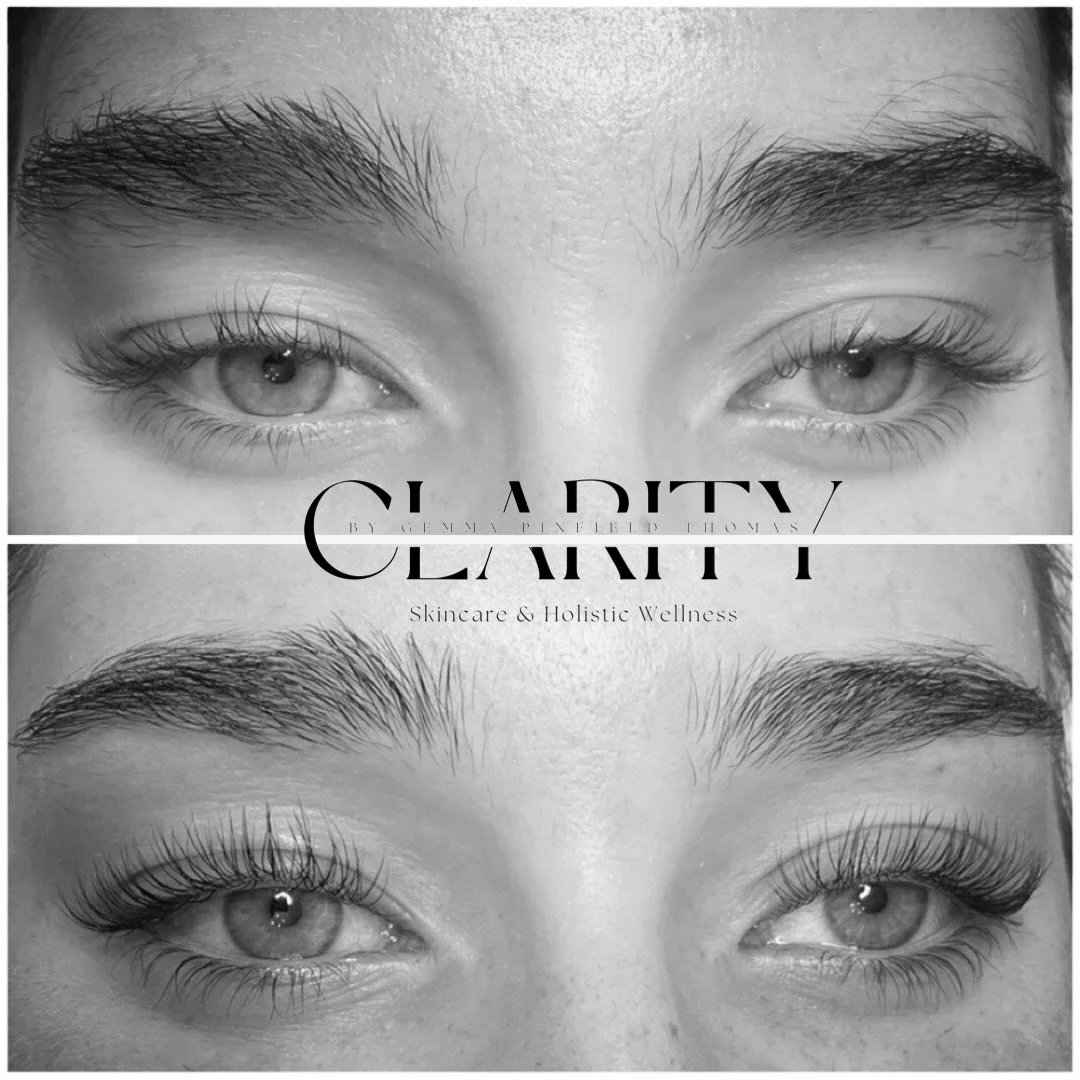 Close-up of a woman’s eyes in black and white, showing before and after a LASHUS Lift eyelash lift and tint enhancement treatment and brow tidy. Text overlay reads "Clarity by Gemma Pinfield-Thomas Skincare & Holistic Wellness."