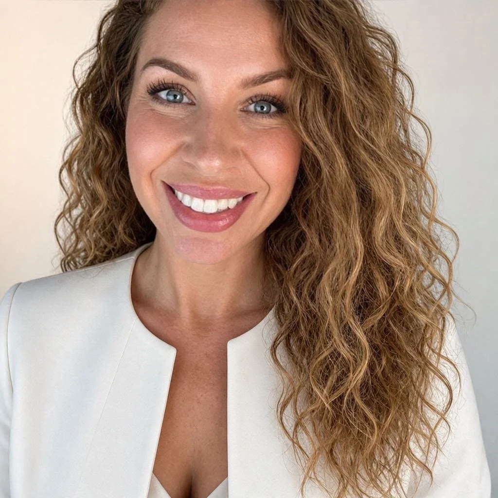 A woman, Gemma Pinfield-Thomas, with curly warm blonde hair, blue eyes, and a bright smile wearing a smart collarless white coat.