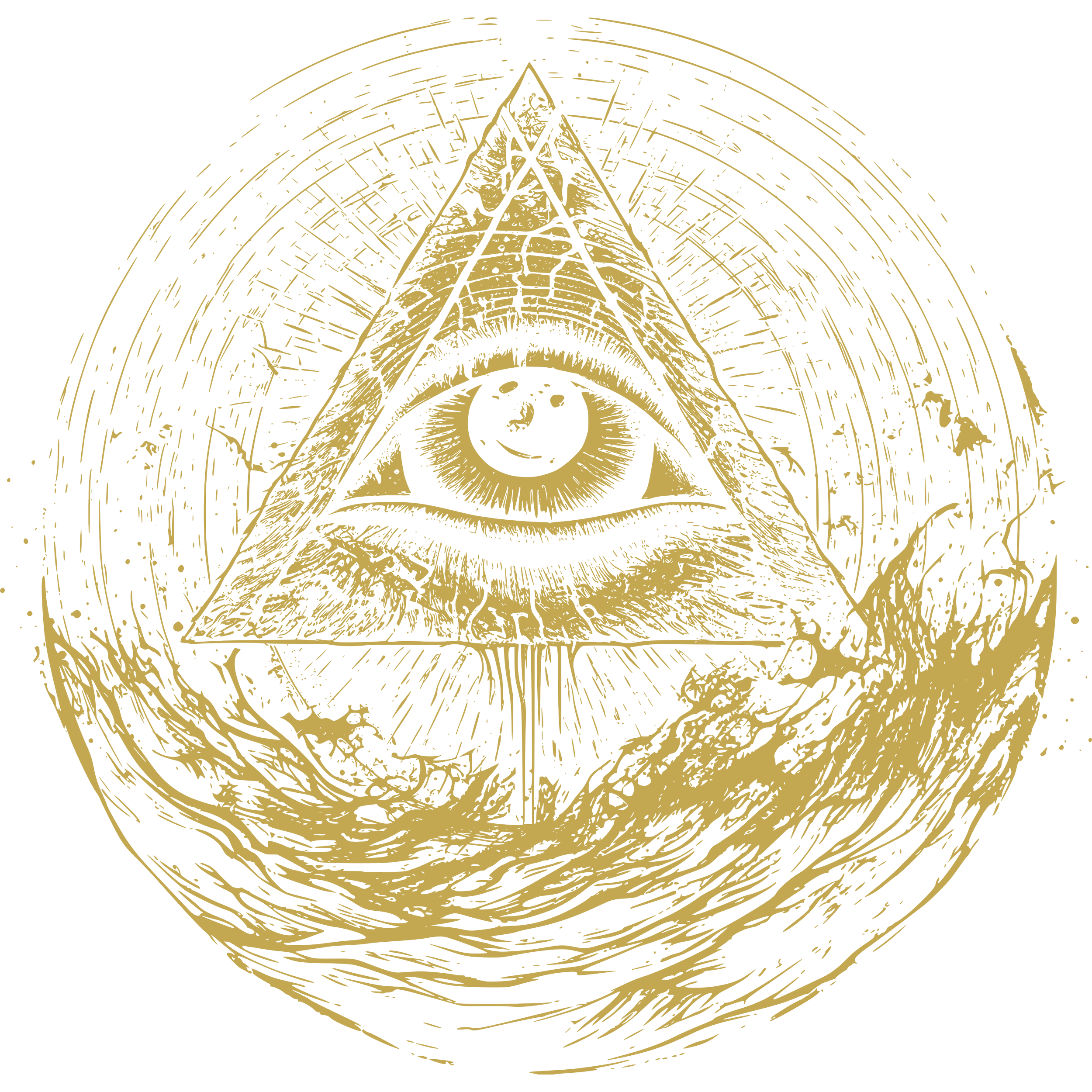 A stylized illustration of an all-seeing eye within a pyramid, surrounded by circular lines and flames, resembling an Illuminati symbol in gold on a black background.