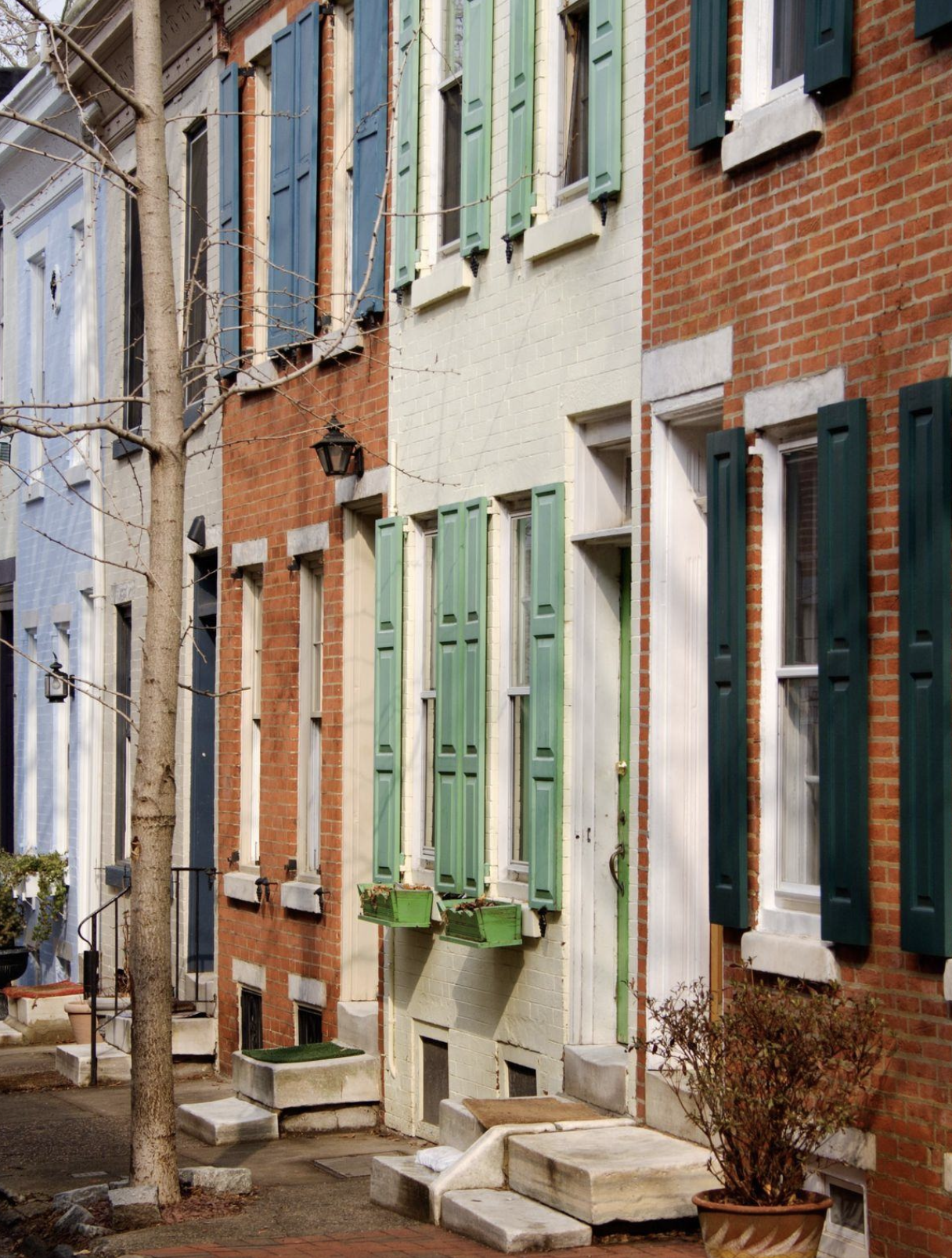 Close-up of colorful brick townhouses with green and blue shutters, small front steps, a tree, plant boxes, and outdoor lighting.
