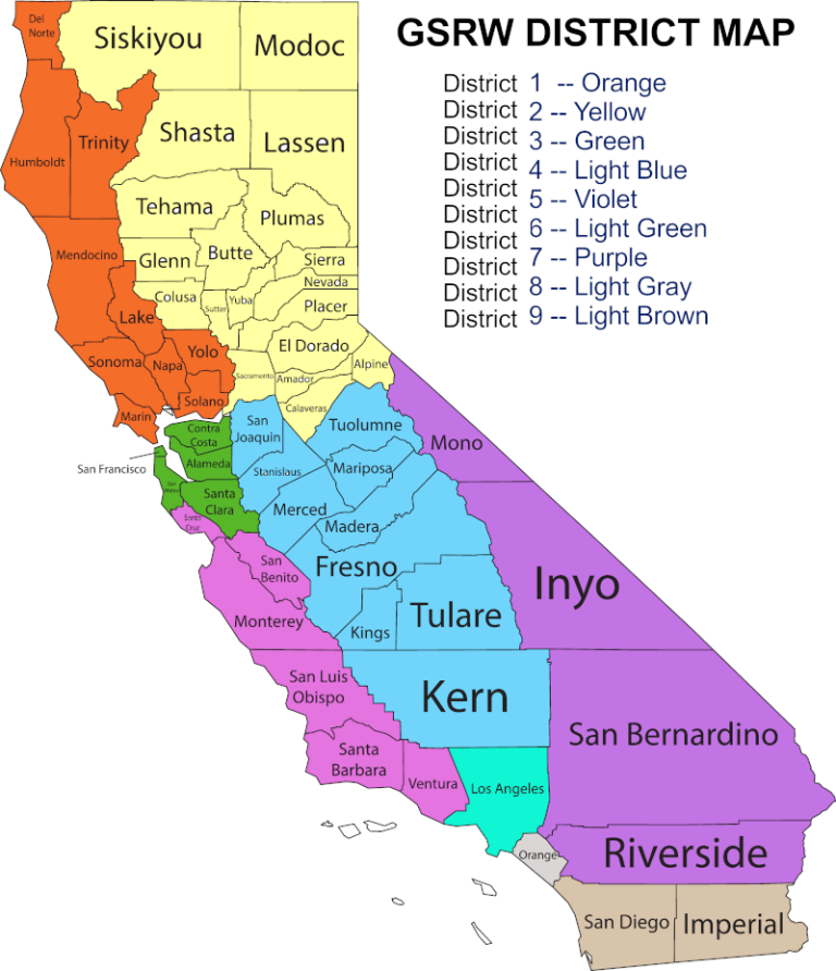 Color-coded map of GSRW Districts in California with district numbers and colors: District 1 in orange, District 2 in yellow, District 3 in green, District 4 in light blue, District 5 in violet, District 6 in light green, District 7 in purple, District 8 in light gray, District 9 in light brown. Major cities and counties are labeled within each district.