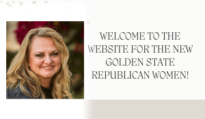Smiling elderly woman with gray hair in a blue outfit standing next to a welcoming sign for Golden State Republican women.