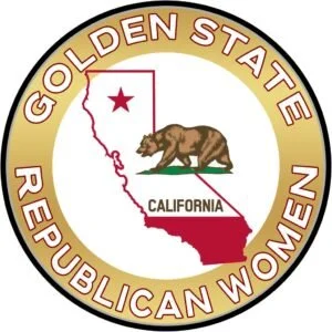 Seal of the Golden State Republican Women with a California map, a star marking the location, and a bear walking on grass.
