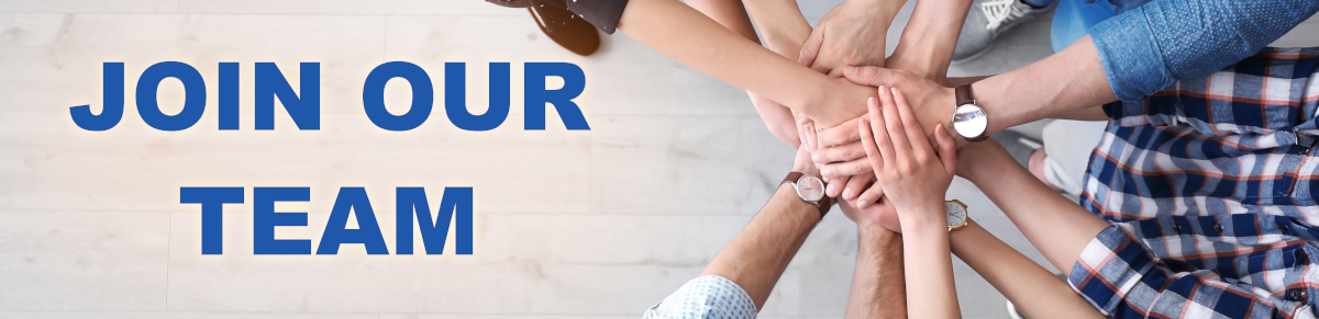 Group of diverse people putting their hands together in a teamwork gesture, with text that reads 'Join Our Team'.