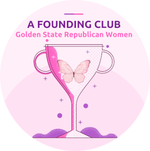 A pink graphic of a champagne glass with a butterfly inside, labeled 'A Founding Club Golden State Republican Women' in pink and purple text.