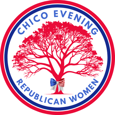 Logo for Chico Evening Republican Women, featuring a red tree with a ribbon and bow at the base.