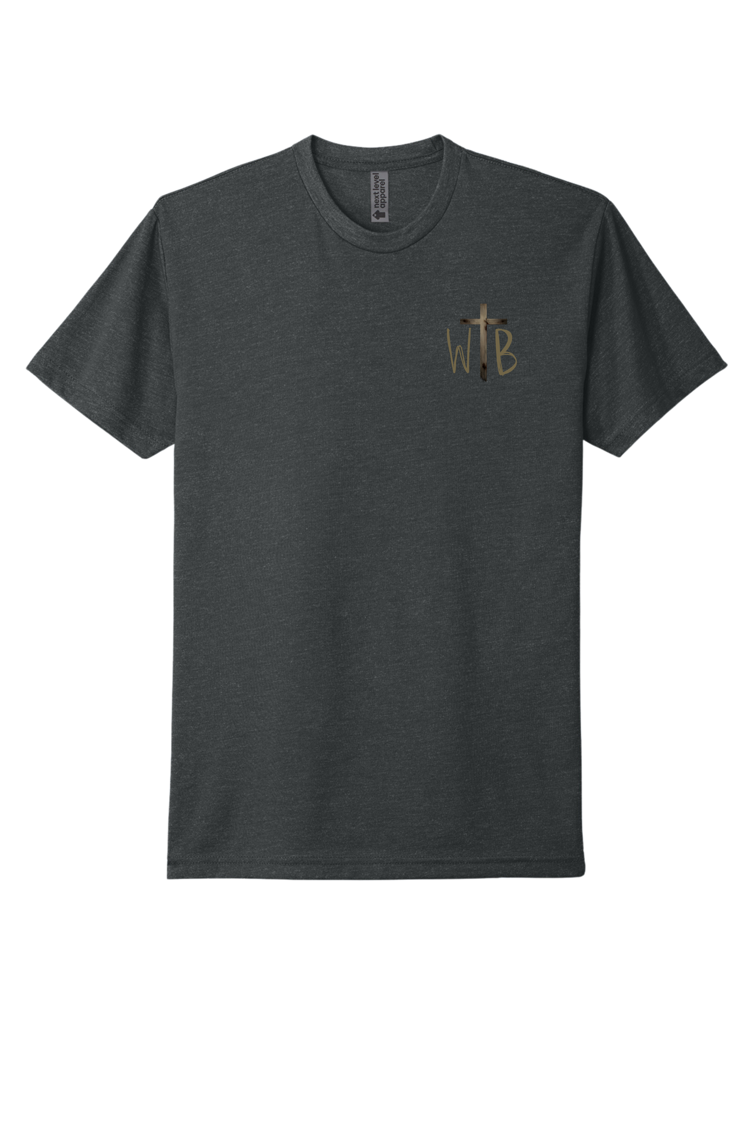 Dark gray T-shirt with gold embroidery on the left chest that includes a cross and the initials 'W' and 'B'.