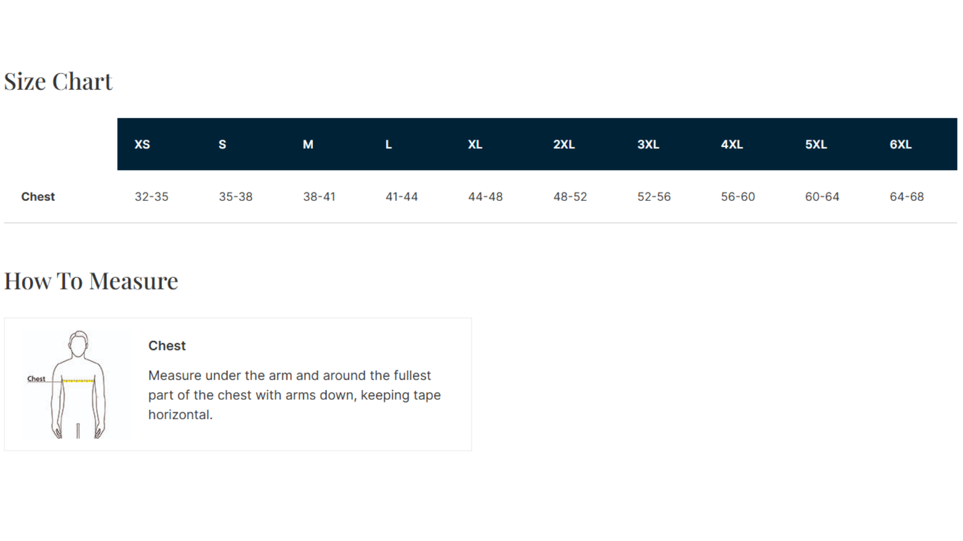 Size chart for clothing with sizes XS through 6XL, including chest measurements in inches; instructional graphic on how to measure chest with illustration and description.