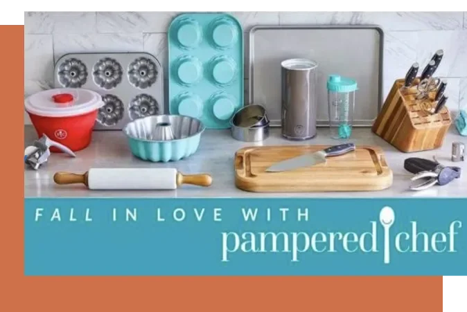 Kitchen countertop with baking tools and accessories, including a rolling pin, muffin pan, measuring cups, knife, and utensils in a wooden holder. The image features the text 'Fall in Love with Pampered Chef'.