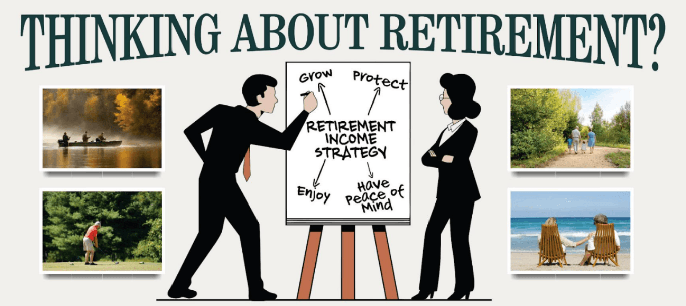 Graphic promoting retirement planning with drawings of a man and woman discussing a retirement strategy chart, surrounded by photos of outdoor leisure activities like fishing, walking, golfing, and relaxing at the beach.