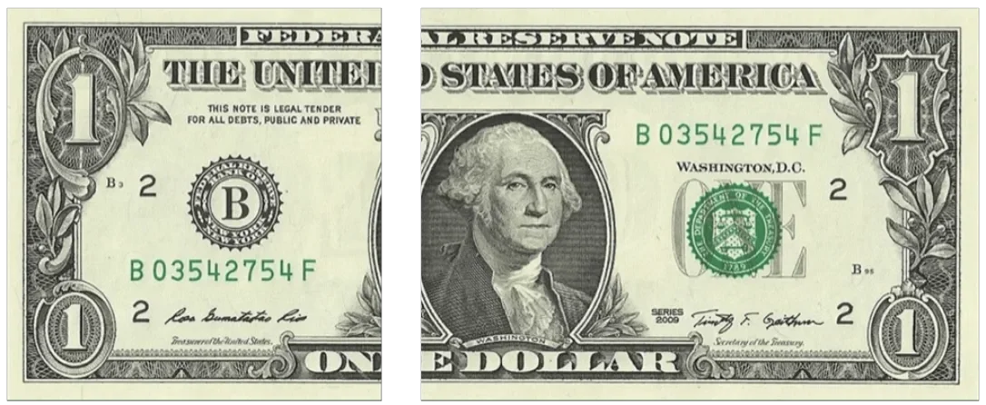 A split image of a one-dollar bill with the front of the bill showing George Washington's portrait, serial numbers, and denomination details.