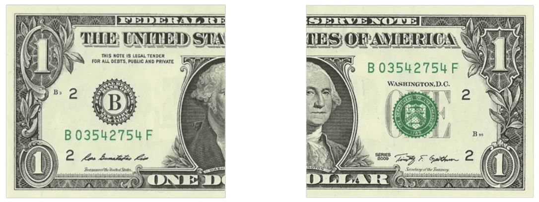 A U.S. one-dollar bill, featuring George Washington's portrait in the center, with decorative borders, the words 'The United States of America' and 'One Dollar', serial numbers, and federal reserve symbols.